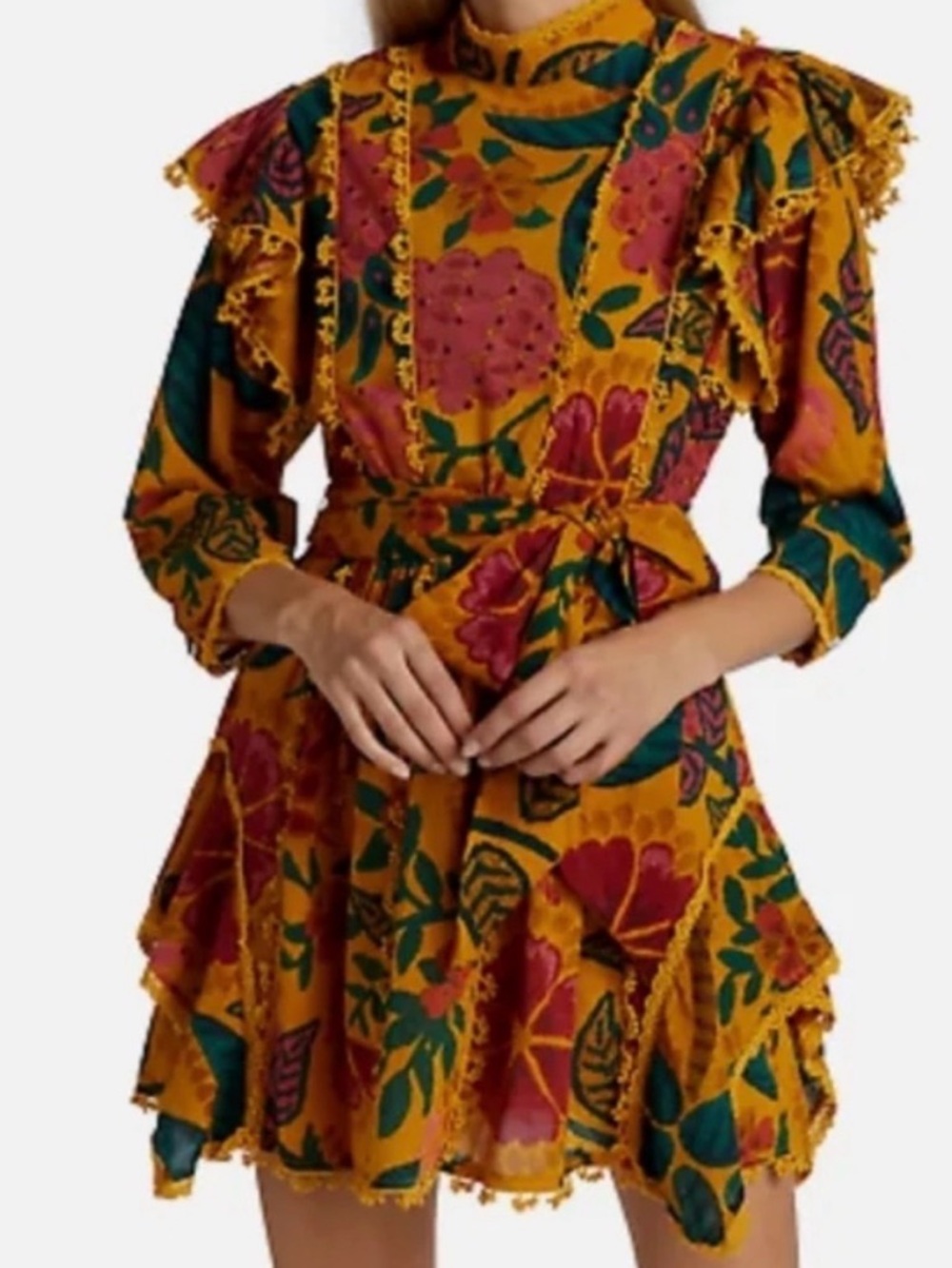 Farm Rio Floral Ruffle Tiered Mini Dress in Mustard